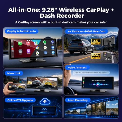 TOGUARDGO 9.26" Wireless CarPlay Screen with 4K+1080P Dual Dash Cam Front & Rear, 1600x600 IPS Display, Apple CarPlay & Android Auto - image 2
