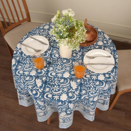 Image of Encasa XO Dining Table Cloth, Jaipuri Block Print Cotton Cover Blue