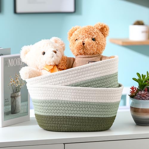 Image of Sawysine 6 Pcs Storage Baskets Bulk for Organizing Cotton Rope Woven Basket with Handles for Gift Cloth Shelves Blanket Toys Living Room(Green and White)