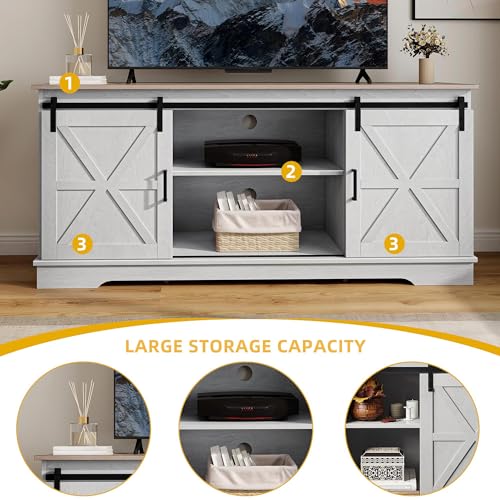 DWVO Farmhouse TV Stand for 55/60/65 Inch TVs, Entertainment Center with Storage Compartments & Sliding Doors, Media Console for Living Room and Gaming Area, Grey Wash &Grey White