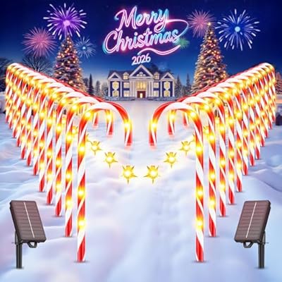 WdtPro 24-Pack Upgraded Solar Christmas Candy Cane Lights, Solar Pathway Lights Waterproof, Christmas Decorations Outdoor with 10 Modes and Bright 144 LED for Yard Garden Lawn Pat…