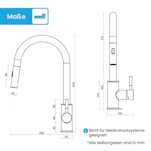 Bächlein Küchenarmatur Kocuso – 360 Grad schwenkbar (matt schwarz) – Einhand-Spültischbatterie aus Edelstahl mit ausziehbarem Schlauch und Brause mit Umschalt-Taste, Wasserhahn für die Küche