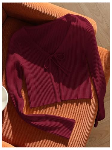 Image of SHENHE Women's Tie Front Crop Knit Rib Top Long Sleeve Shrug Cardigan | Long Sleeve,Lightweight Shrug,Rib Knit,Tie Front,Cropped,Knot Front,Crew Neck,Slim Fit,For Spring