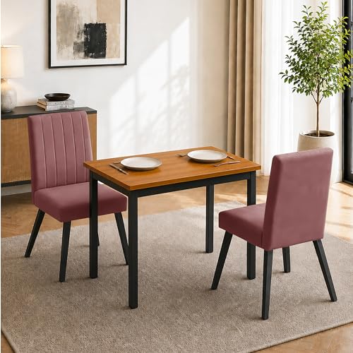 Image of Rosebell Set of 2 Dining Table Chairs with Wooden Top Table, Upholstered Cushioned Chairs, Modern Compact Dining Set for Home, Kitchen & Dining Room (Rose Pink)