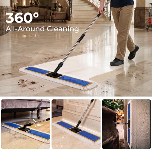 Image of 40 inch Commercial Dust Mop, Large Dust Mop with 2 Washable Pads, Blue | Industrial Mop with 2 Washable Pads, Large Heavy Duty Industrial Push Mop for Hardwood, Marble, Laminate, Vinyl, Concrete