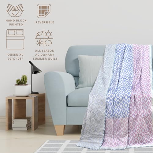 Image of TOAIArt Premium Jaipuri Dohar | AC Blanket Summer Quilt | Hand Block Printed | 3 Layers | Reversible| 150GSM 100% Mulmul Cotton| 100% Cotton Flannel Filling| Queen 90 inch X 108 inch|Vintage Geometric Pattern