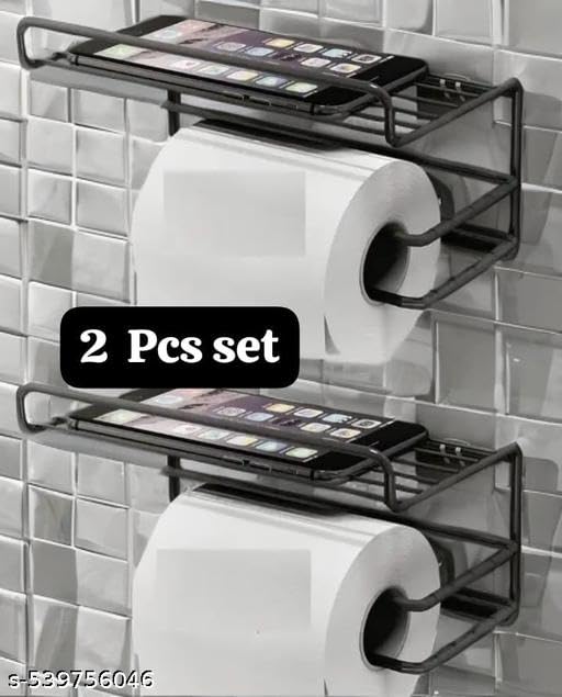 2 PIS Set No Drill Self Adhesive Toilet Paper Holder/Tissue Paper Roll Holder with Mobile Stand/Towel Holder/Bathroom Accessories (Black, Pack of 2)2PIS (Mobile+Tissue) / 515_KP2190 1