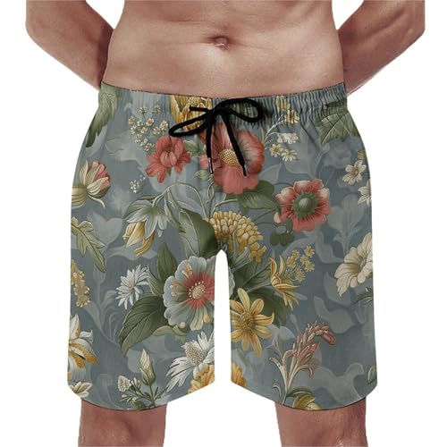Men's Swim Trunks Quick Dry Board Shorts with Pockets Beach Shorts Green Vintage Flowers Bathing Suits for Men