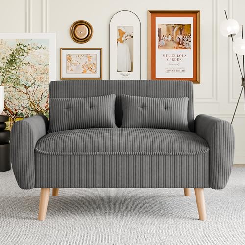 Vongrasig 48' Small Modern Loveseat Sofa, Mid Century Soft Corduroy Fabric 2-Seat Sofa Couch Tufted Love Seat with Back Cushions and Tapered Legs for Living Room, Bedroom and Small Space (Dark Gray)