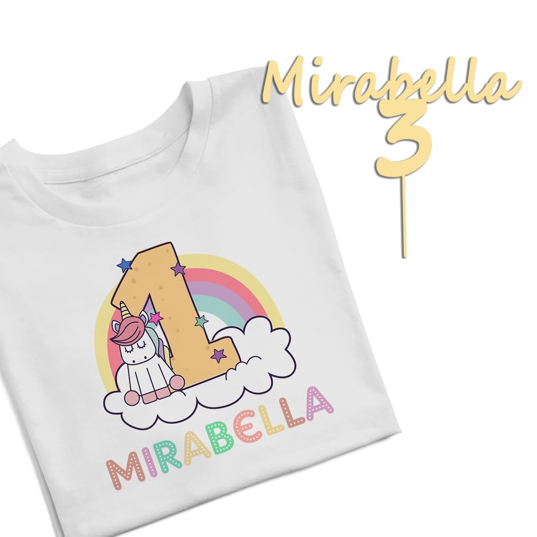 Evyre | Pack Cumpleaños Personalizado | Camiseta Personalizada O Body Bebe Personalizado con Nombre Y Número + Topper Tarta Personalizado De Metacrilato Colores para Decoración Cumpleaños | Unicornio