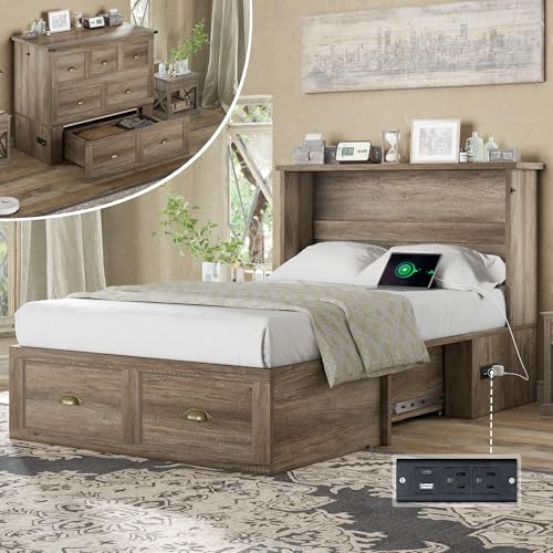Image of AMERLIFE Twin Size Murphy Bed, Farmhouse Wooden Cabinet with Charging Station and Storage Drawer for Bedroom /Office /Guest Room, Grey Oak