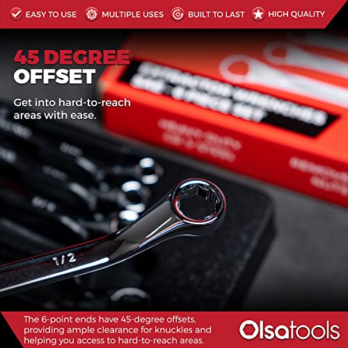 Olsa Tools Bolt Extractor Offset Wrench Set (6Pc) | 6-Pt Box End Rounded Bolt Remover | Stripped Bolt & Nut Remover | Damaged Bolt Remover | Sae Wrench Set | Extractor Tool Set | Professional Grade #TOP4
