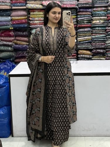 Image of GoSriKi Kurta Sets for Women Viscose Blend Printed | Kurti Set for Woman | Kurta Palazzo Dupatta Set | A Line Kurti | Mandarin Collar 3 /4 Sleeve Suit Set for Women Stylish Ethnic Outfit