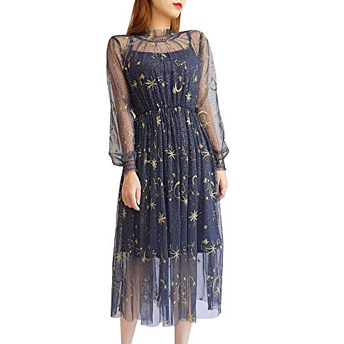 Women Summer Chiffon Dress Stars Moon Print Embroidered Skirt Long Puff Sleeve Princess Dress4