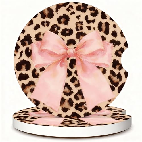 Portavasos de cerámica para auto con diseño leopardado y moño rosas, pack 2 miniatura 1
