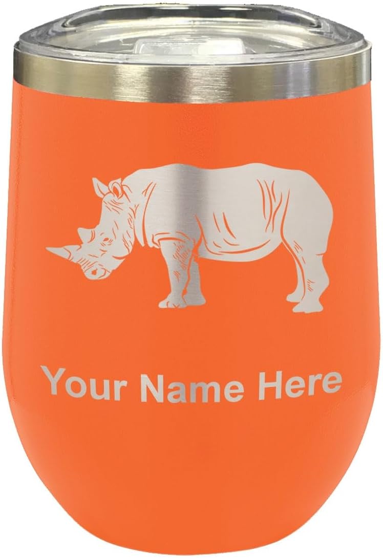 LaserGram 16oz Double Wall Stainless Steel Wine Glass Tumbler, Rhinoceros, Personalized Engraving Included (Black)