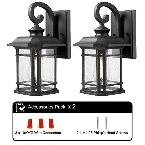Emliviar Outdoor Wall Lanterns 2 Pack, 1-Light Exterior Wall Mount Light, Black Finish with Clear Seedy Glass, 2084B-2BK