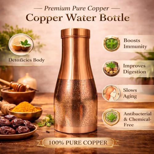 Image of JAIPUR ACE Premium Pure Copper Water Bottle Designer Engraved Leak Proof Ayurvedic Drinking Bottle for Health Benefits Stylish Kitchen Office Use Ideal Gift for Weddings and Occasions(Royal Etching)