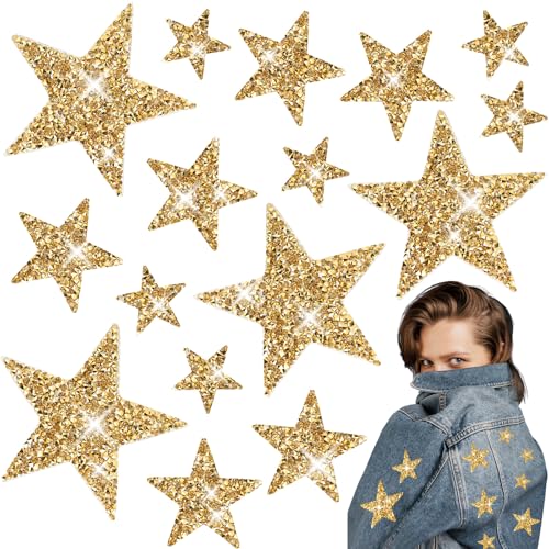 VZXQX 16 Piezas Parches Ropa Termoadhesivos Estrellas, Dorado Estrellas para Planchar con Strass para Ropa, Parches de Tela Adhesivos para Camisetas, Jeans, Sombreros, Bolsas (2/4/6cm)