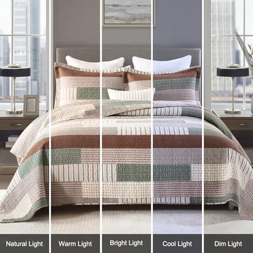 Edredón patchwork King de algodón Uniclinens en marrón y verde para cama elegante 8