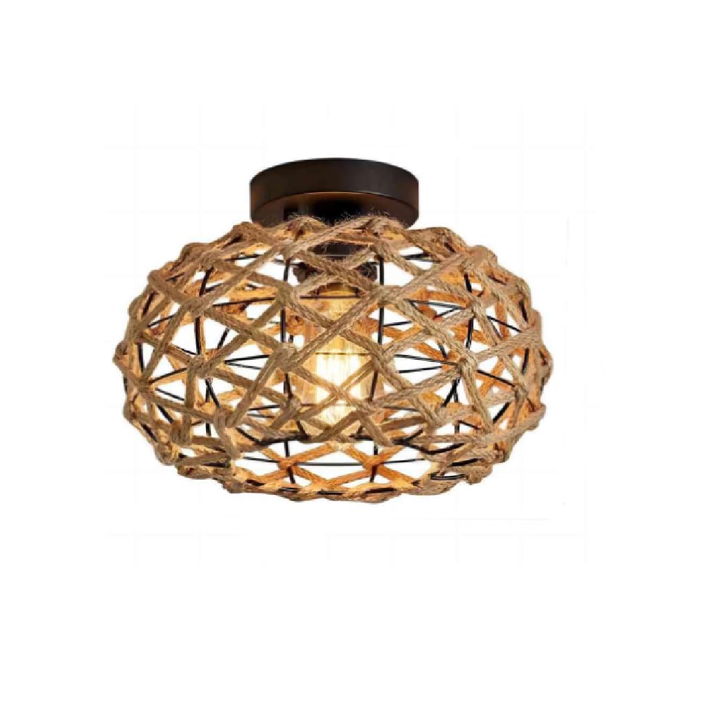 YESINTO Jute Cord Ceiling Light, Hand-Woven Rattan Vintage Ceiling Light with E26 Socket, Rustic Style, 30 cm—Perfect for Dining Rooms, Bedrooms, and Living Rooms (Coffee Brown)