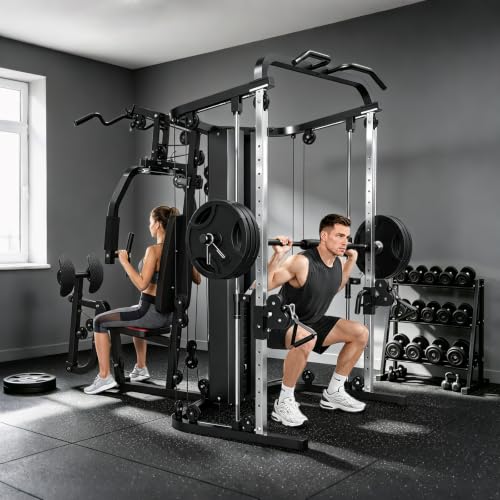 Image of SunHome Multifunction Home Gym Equipment Workout Station, Smith Machine with 138LB Weight Stack, Leg Press, LAT Station for Full Body Training