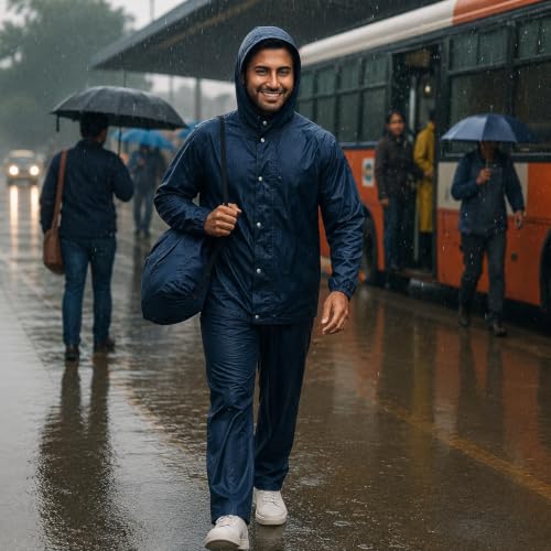 Image of Unox Rain Coat for Men waterproof with Bagpack Cover Waterproof Raincoat with Pant Set suitable for Men, Women, Boys & Girls Adjustable Top and Bottom Rain Coat