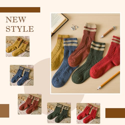 5 Pairs Women's Vintage Wool Socks, Super Cozy Thick Winter Hiking Crew Socks4