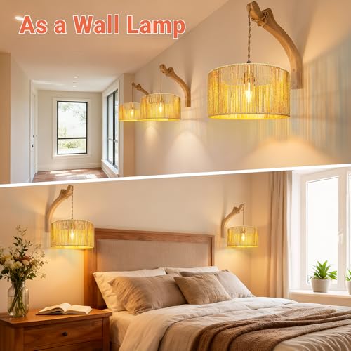 Image of Hanging Light Rattan Lamp Shades Boho Lamp Shade 12.6in x 6.7in