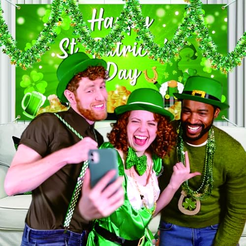 Image of 66 Ft St.Patrick's Day Tinsel Garland 2Pcs Green with Shamrock Saint Patricks Day Decorations for Saint Patrick's Day Party Decor Shiny Hanging Clover Green Tinsel Garland