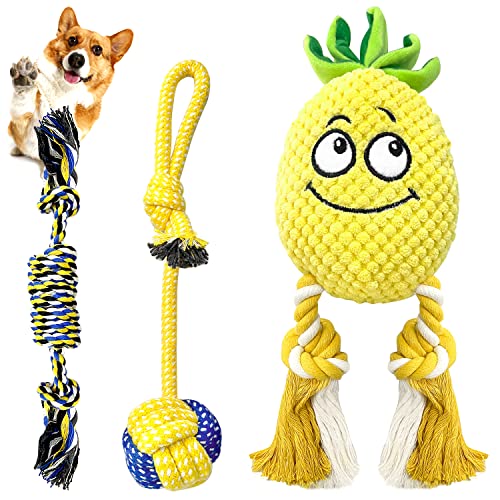 Sqinor Juguetes para Perros Sonido Resistentes Interactivos, Peluches para Perros Cachorros Grandes Pequeños, Regalos para Perros (Amarillo (Juego de Juguetes de Piña))