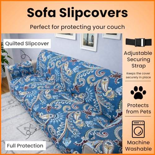Image of Homerz Premium 6(3+2+1) Seater Quilted Reversible Sofa Cover Mat with Pocket Arms | Polyester Blend 350 GSM Full Coverage & Back Belt for Stability (Floraya, 6(3+2+1) Seater)