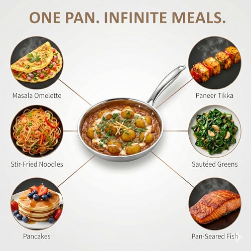 Image of SOLARA Triply Stainless Steel Fry Pan 24 cm, Tri-Ply Induction Compatible Frying Pan, Heavy Bottom Skillet, PFOA-Free, Gas & Induction Safe, Durable Kitchen Cookware