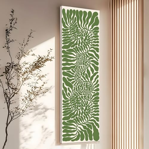 Image of Botanical Boho Stretched Canvas Wall Art Painting for Living Room, Green Abstract Leaf Canvas Wall Decor For Livingroom, Bedroom, Office, Hallway's, Hotel 12x46 Inch