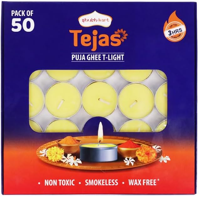 Shubhkart Tejas Premium Ghee T-Light Candle Set of 50 Wax-Free Smokeless Tealights for Prayer Rooms, Meditation, Home, Festive Events, Weddings & Gifting with Bright Long-Lasting 3-Hour Pure Flame