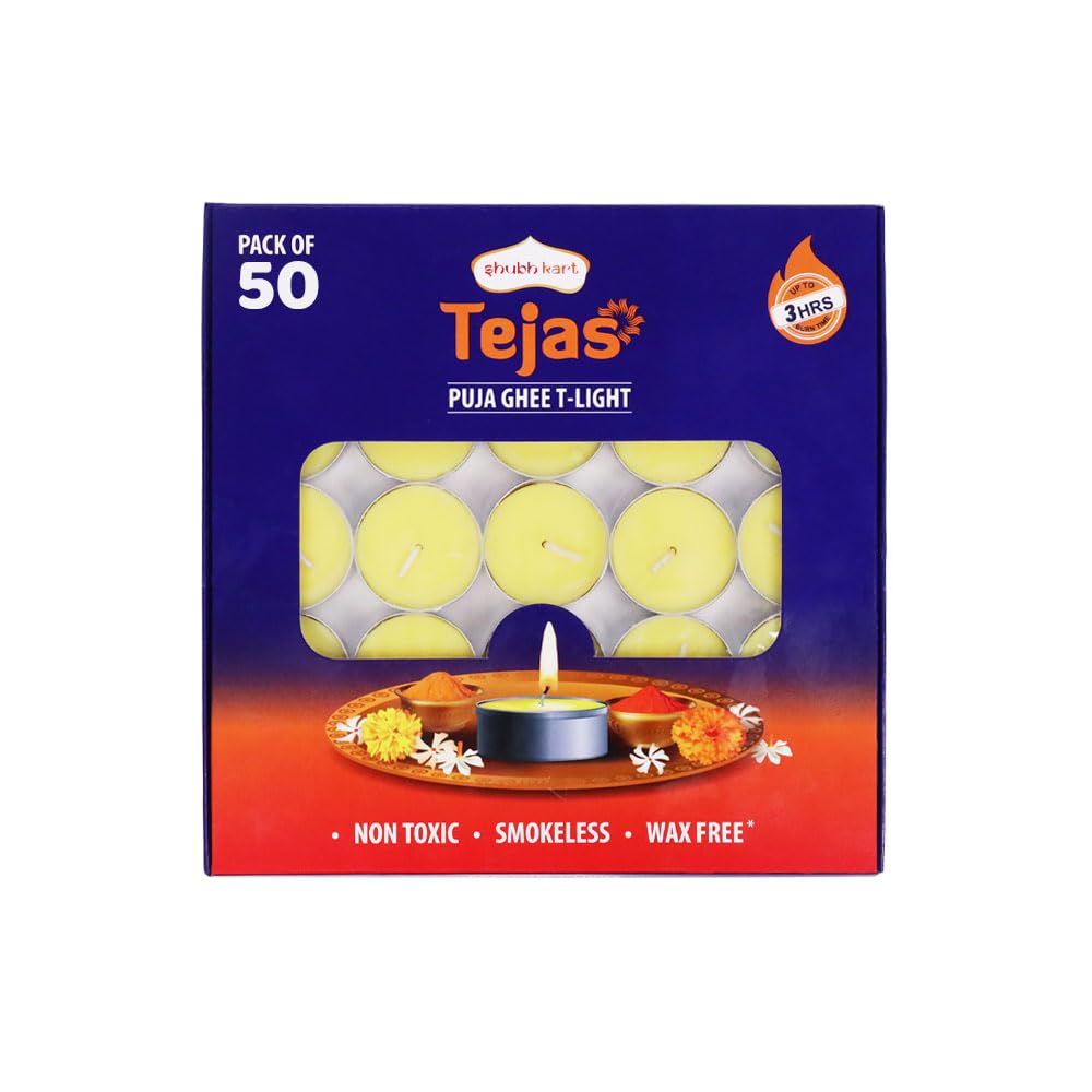 Shubhkart Tejas Puja Ghee T-Light Candles 50N | Non Toxic Smokeless & Wax Free Tea Light Candles Perfect for Home Decor, Prayers, Rituals|No Residue Long Lasting| 3 Hours Burn Time (Set of 50)-image-36
