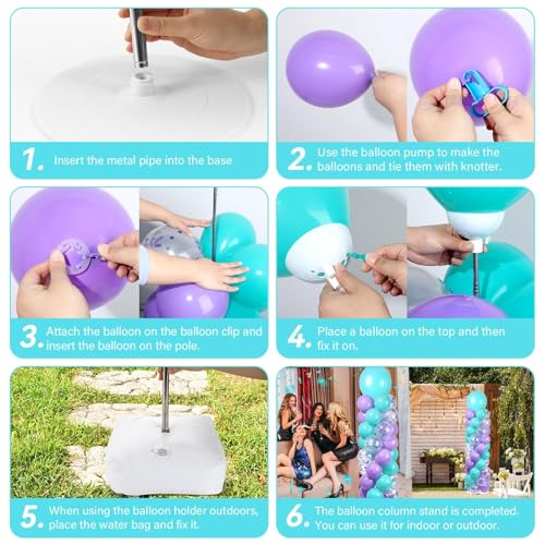 Image of 2 Sets Pink Purple Blue Balloon Column Stand Kit with 100 Balloons Adjustable Balloon Tower Stand with Bases for Floor Confetti Balloons Column Kit for Summer Mermaid Graduation Birthday Party Decor