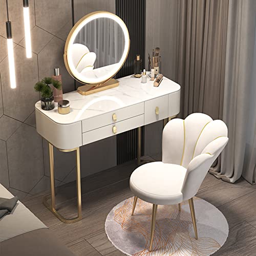 Juego de tocador LED con espejo, taburete tapizado de 3 cajones, elegante mesa de maquillaje para dormitorio de niñas, tocador funcional y elegante