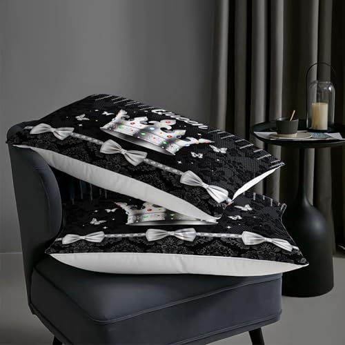 Image of AILONEN Queen Black Damask Comforter Set 3Pcs,Elegant Silver Crown Bedding Set Twin Size for Girls Women,Glam Luxury Diamond & Bow Quilt with 2 Pillowcases