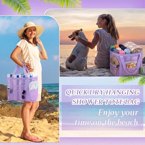 Image of Hillban Large Beach Mesh Bags Bulk for Women Beach Tote Bag with 8 Pocket Zipper Waterproof Sandproof for Pool Cruise Ship
