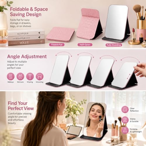 Image of Portable Folding Makeup Mirror with PU Leather Cover, Adjustable Stand HD Vanity Mirror for Travel, Bedroom, Dressing Table Compact Frameless Cosmetic Mirror for Girls & Women 16 x 11 cm(Pink)