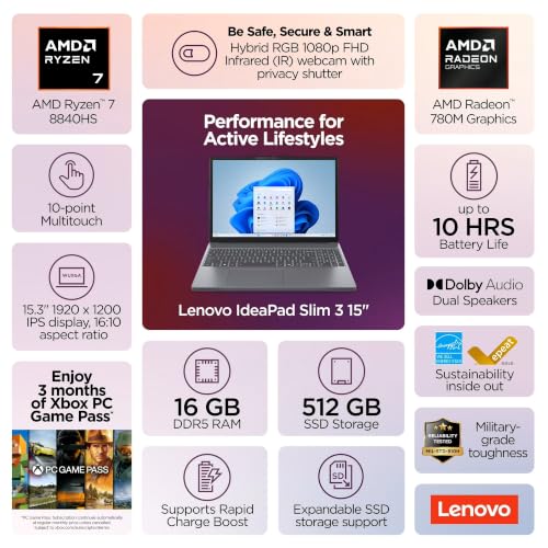 Image of Lenovo IdeaPad Slim 3 15.3 inch WUXGA Touchscreen Laptop - AMD Ryzen 7 8840HS, 16GB DDR5 RAM, 512GB SSD, AMD Radeon 780M, Bluetooth, Wi-Fi6, Webcam, Windows 11, Luna Grey, w /2TB USB Drive, W /GaLiMu
