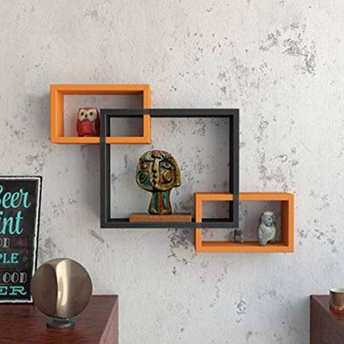 Image of Home Sparkle Wooden Intersecting Wall Shelf | Wall Mounted Floating Intersecting Storage Display Wall Shelves for Living Room Office Home Decor (Orange & Black)