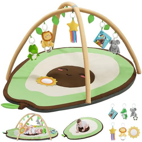 Image of CoziBB Baby Play Gym Mat & Activity Mat, Baby Tummy Time Mat, Large Avocado Shaped Playmat with 6 Detachable Toys for Motor Skills & Sensory Development, Washable Infant Baby Essentials,Light Green