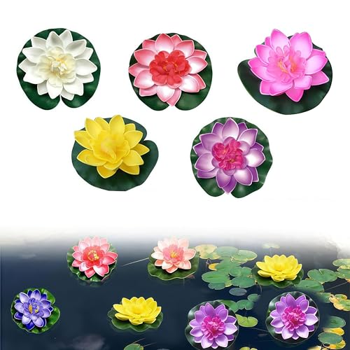 Toulifly Lot de 5 Nénuphars Artificiels pour Bassin - Fleurs Flottantes Multicolores - Plantes Aquatiques Décoratives pour Jardin, Aquarium, Piscine,...