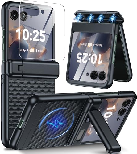 GIVELOT Magnetic for Motorola Razr+ Plus 2025 Case/Moto Razr+Plus 2024 Case [Hinge Protection＆Kickstand] [Built-in Screen Protector] Shockproof Slim Rugged Phone Case for Razr+ 2025/2024,Black