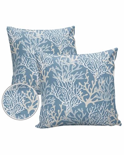 Pack of 2 Outdoor Pillow Covers 18x18 Waterproof Blue Coral Coastal Throw Pillow Covers, Decorative Pillowcases Nautical Ocean Marine Organism Cushion Covers for Patio Garden Couch Pillow Case