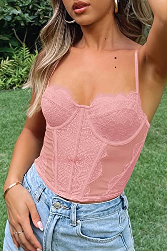 Dealmore Womens Vintage Y2K Sexy Bustier Top Lace Spaghetti Strap Corset Tops Summer Mesh Boned Party Cami Tops #TOP4