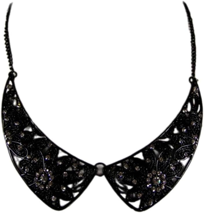Black Clear Crystal Cutout Collar Bib Statement Necklace 17" - 19" Long Medallion Hanging Long Chain Pendant Necklace For Women