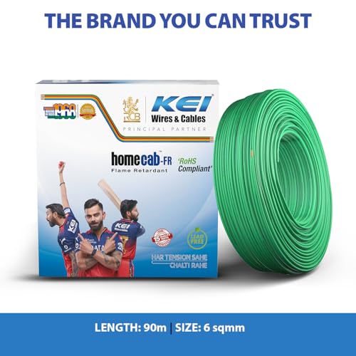 Image of KEI WIRES & CABLES Homecab 6 sqmm 1 Core Copper Flame Retardant House Wire PVC Insulated Cable for Domestic & Industrial Electrical Wiring (Green, 90 Meters)